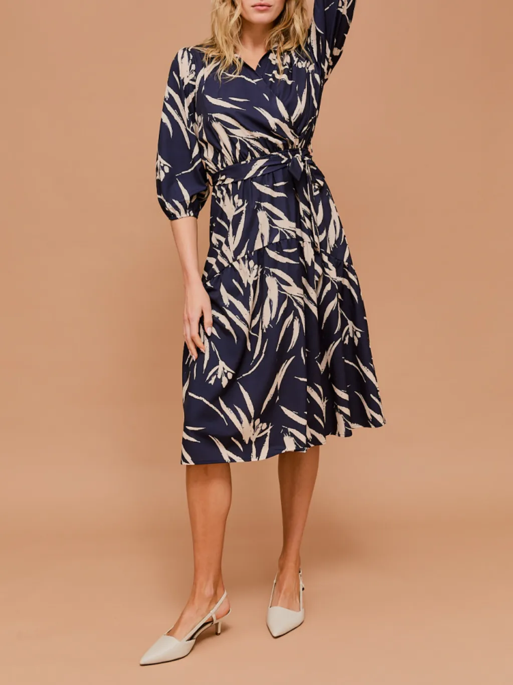 3/4 Sleeve Surplice Waist Elastic Tie Strap Abstract Midi Dress