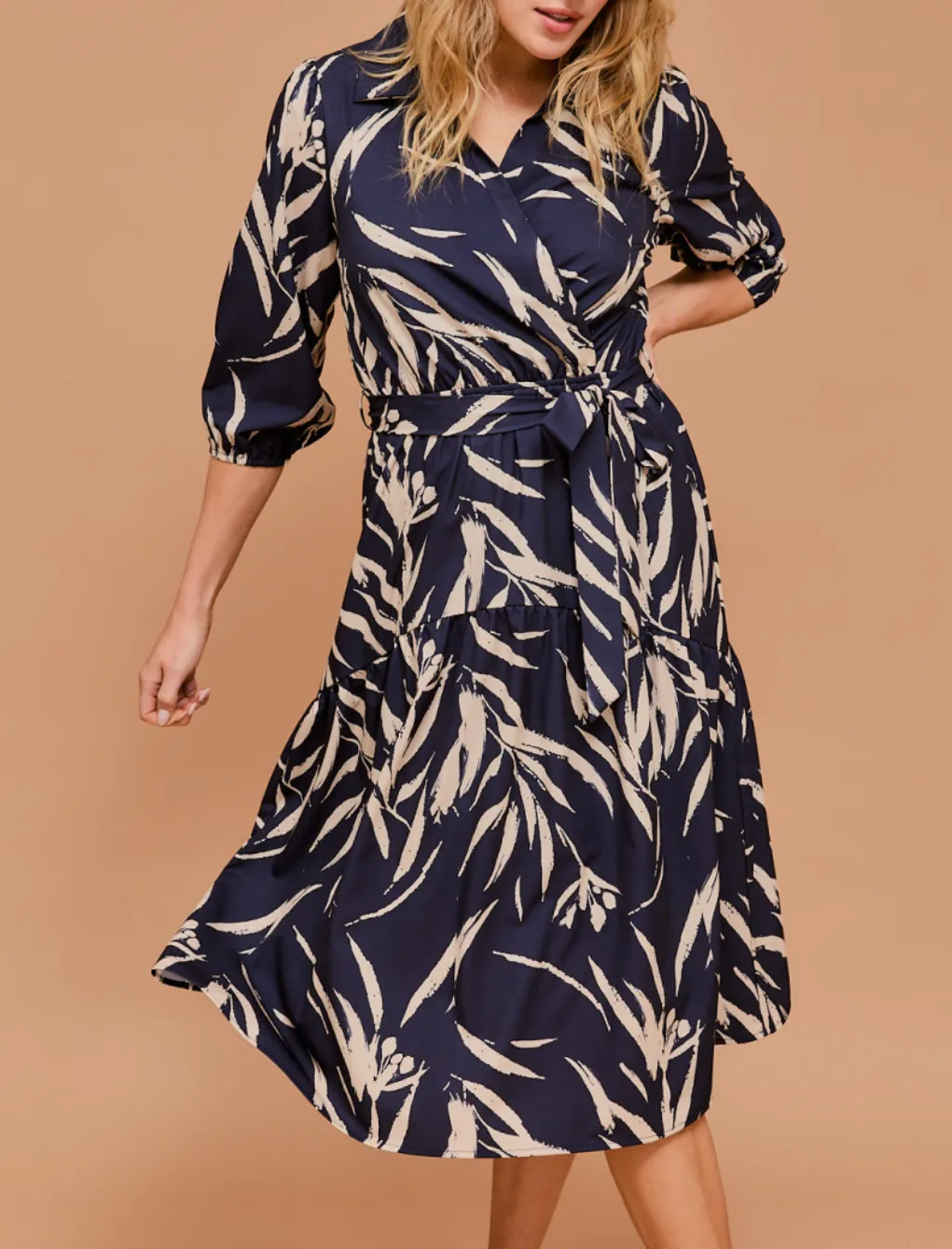 3/4 Sleeve Surplice Waist Elastic Tie Strap Abstract Midi Dress