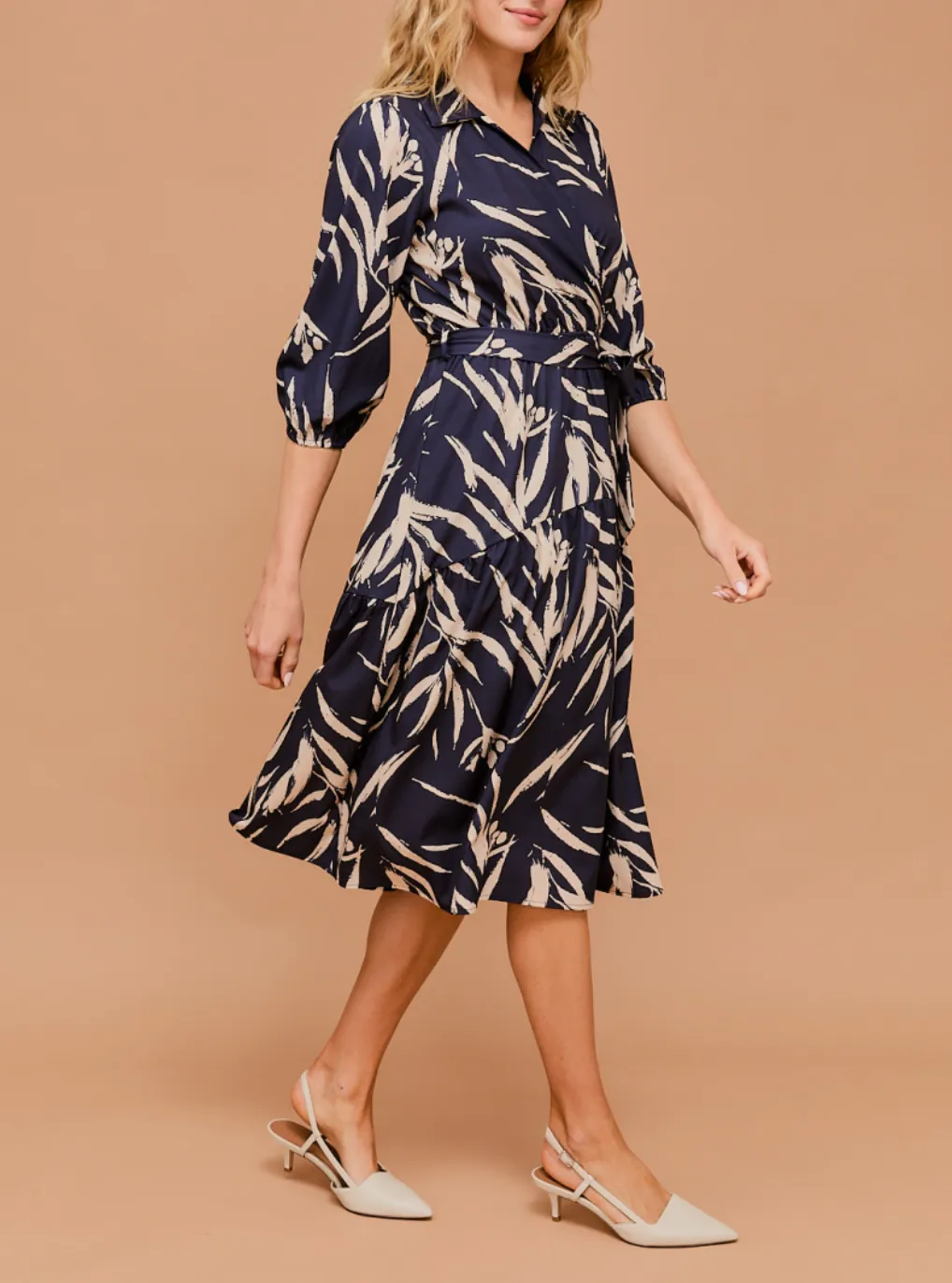 3/4 Sleeve Surplice Waist Elastic Tie Strap Abstract Midi Dress