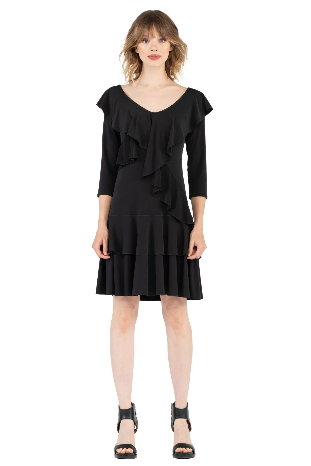 3/4 SLV FR-BK Asymmetric DBL Ruffle Dress
