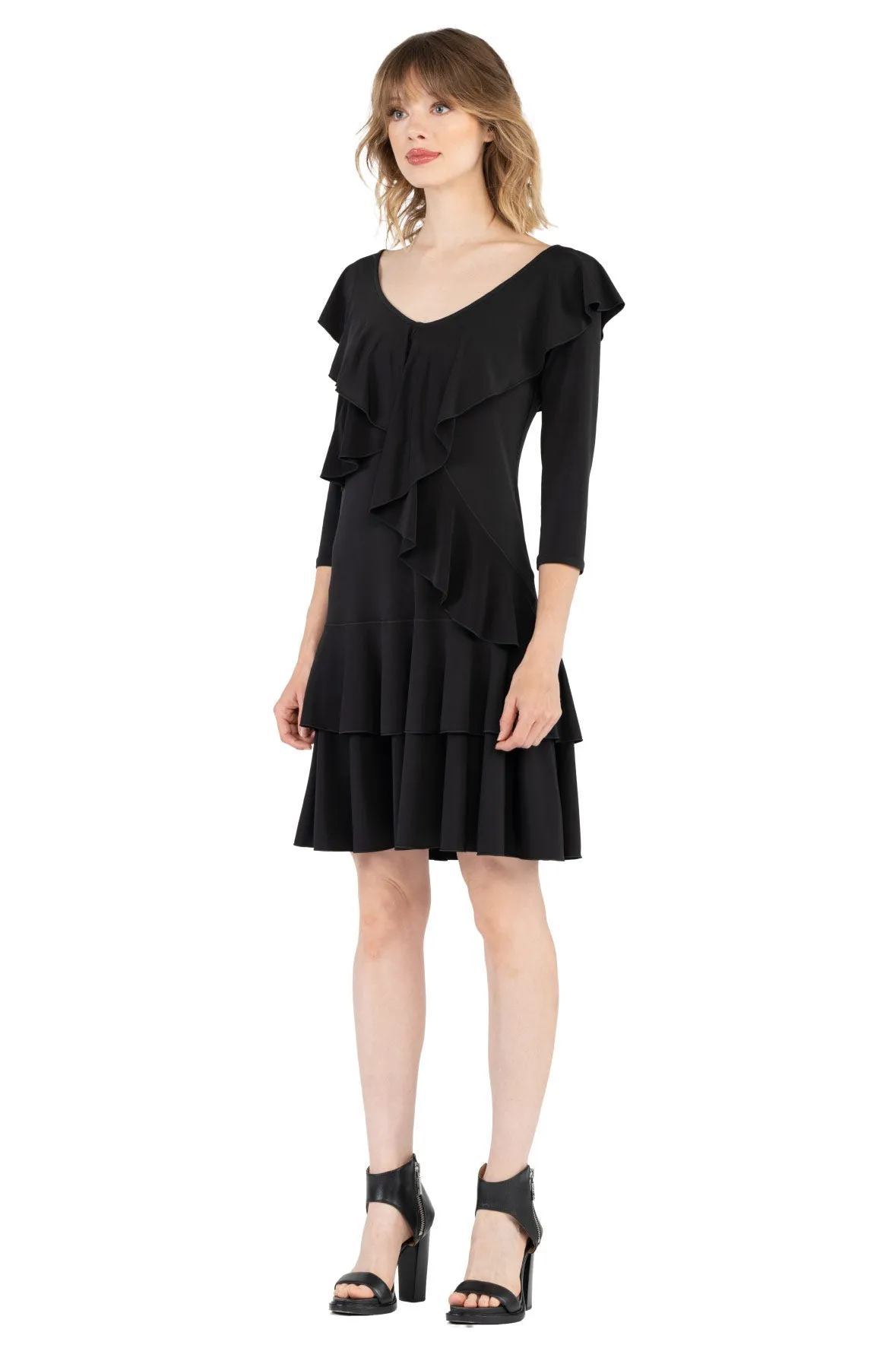 3/4 SLV FR-BK Asymmetric DBL Ruffle Dress