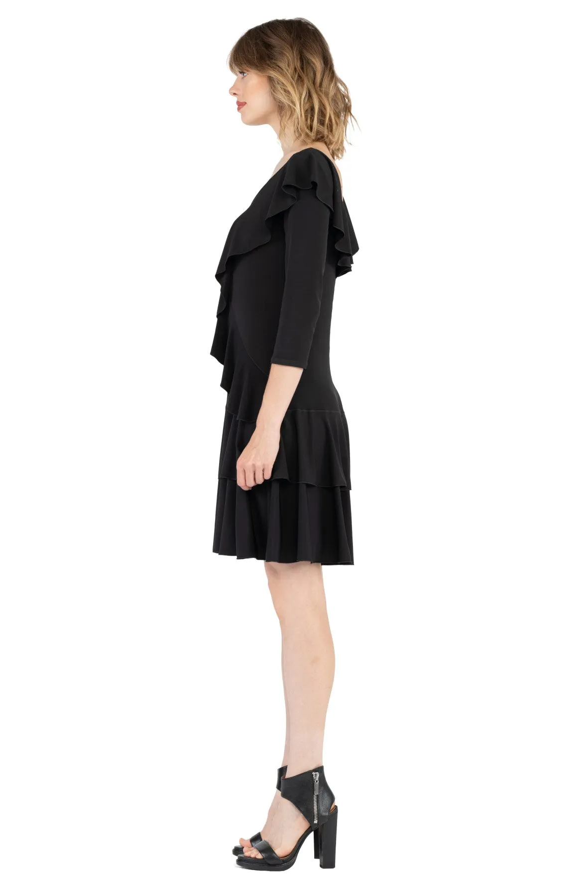 3/4 SLV FR-BK Asymmetric DBL Ruffle Dress