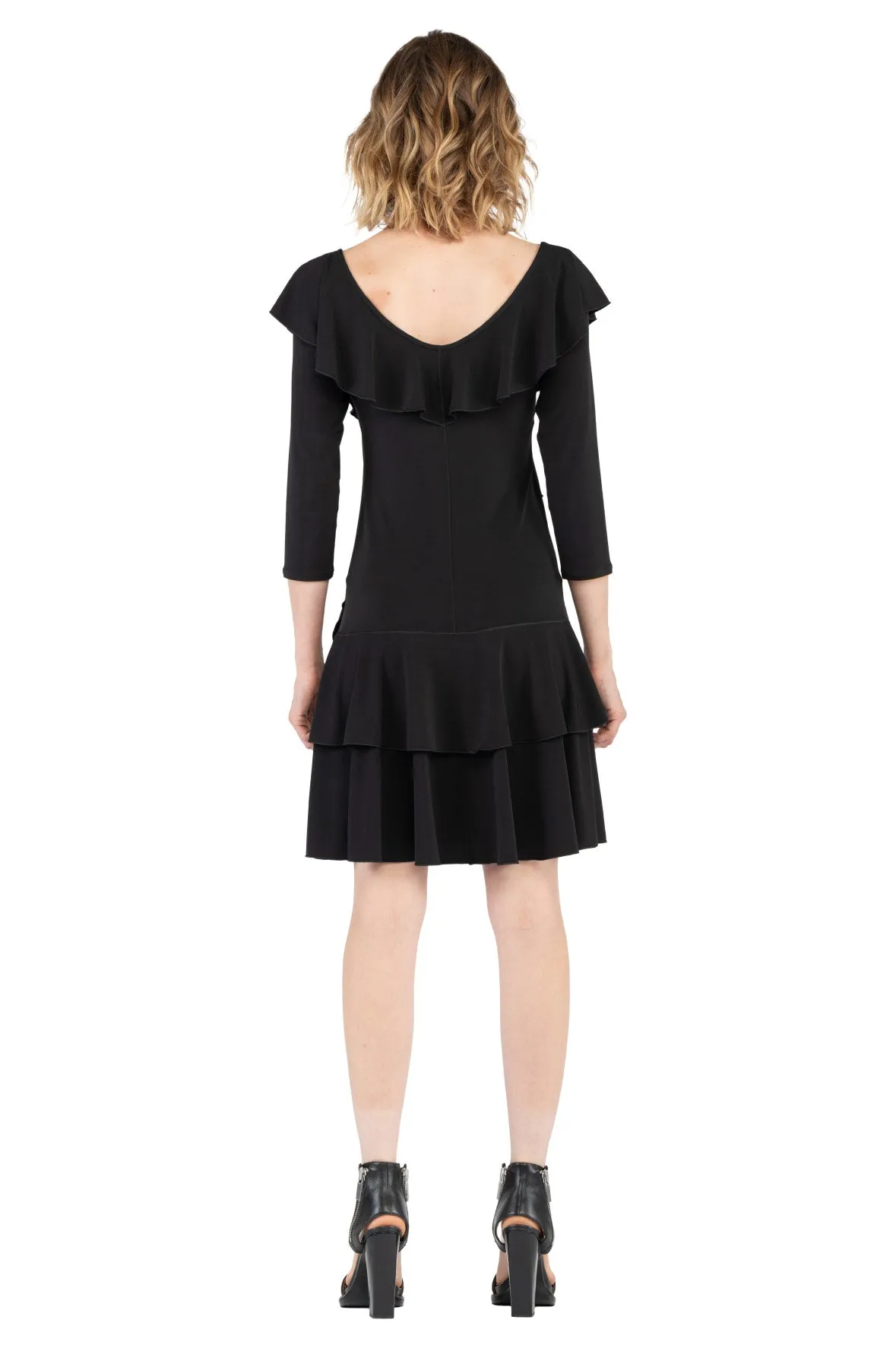 3/4 SLV FR-BK Asymmetric DBL Ruffle Dress
