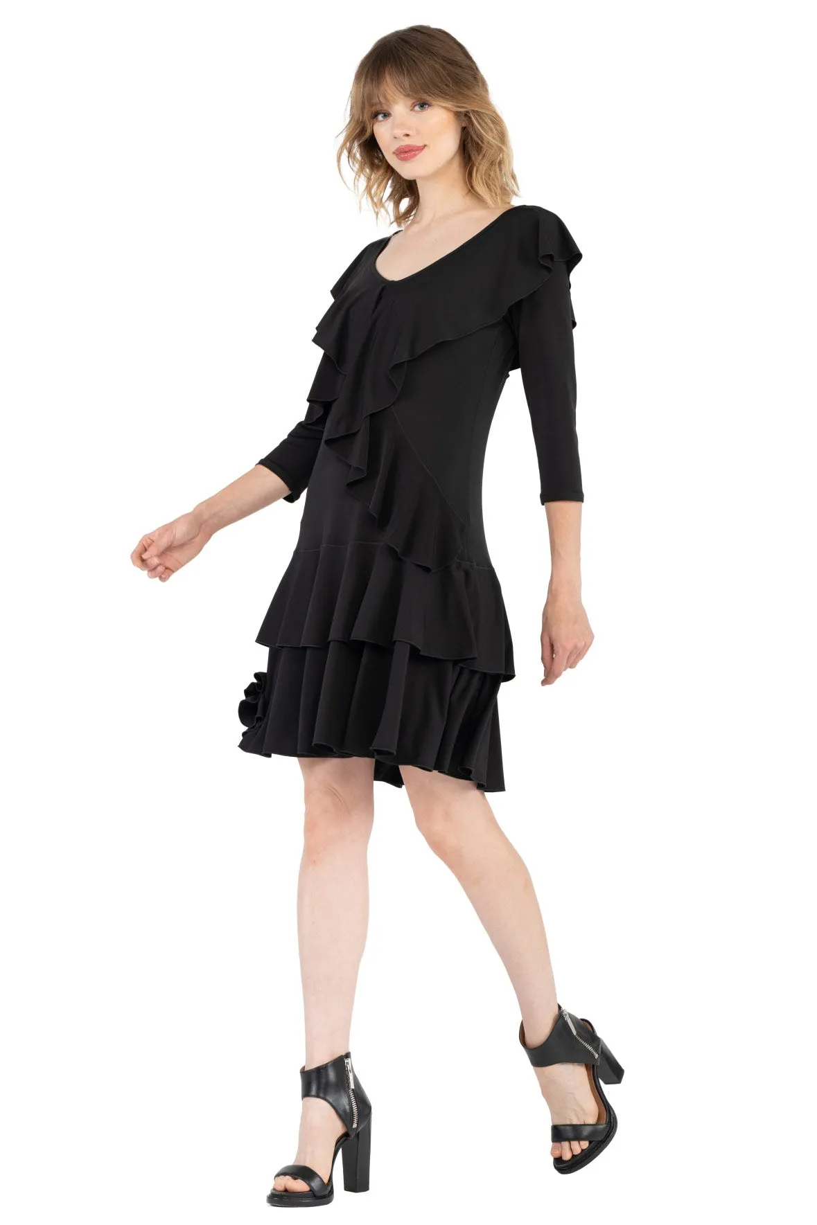 3/4 SLV FR-BK Asymmetric DBL Ruffle Dress