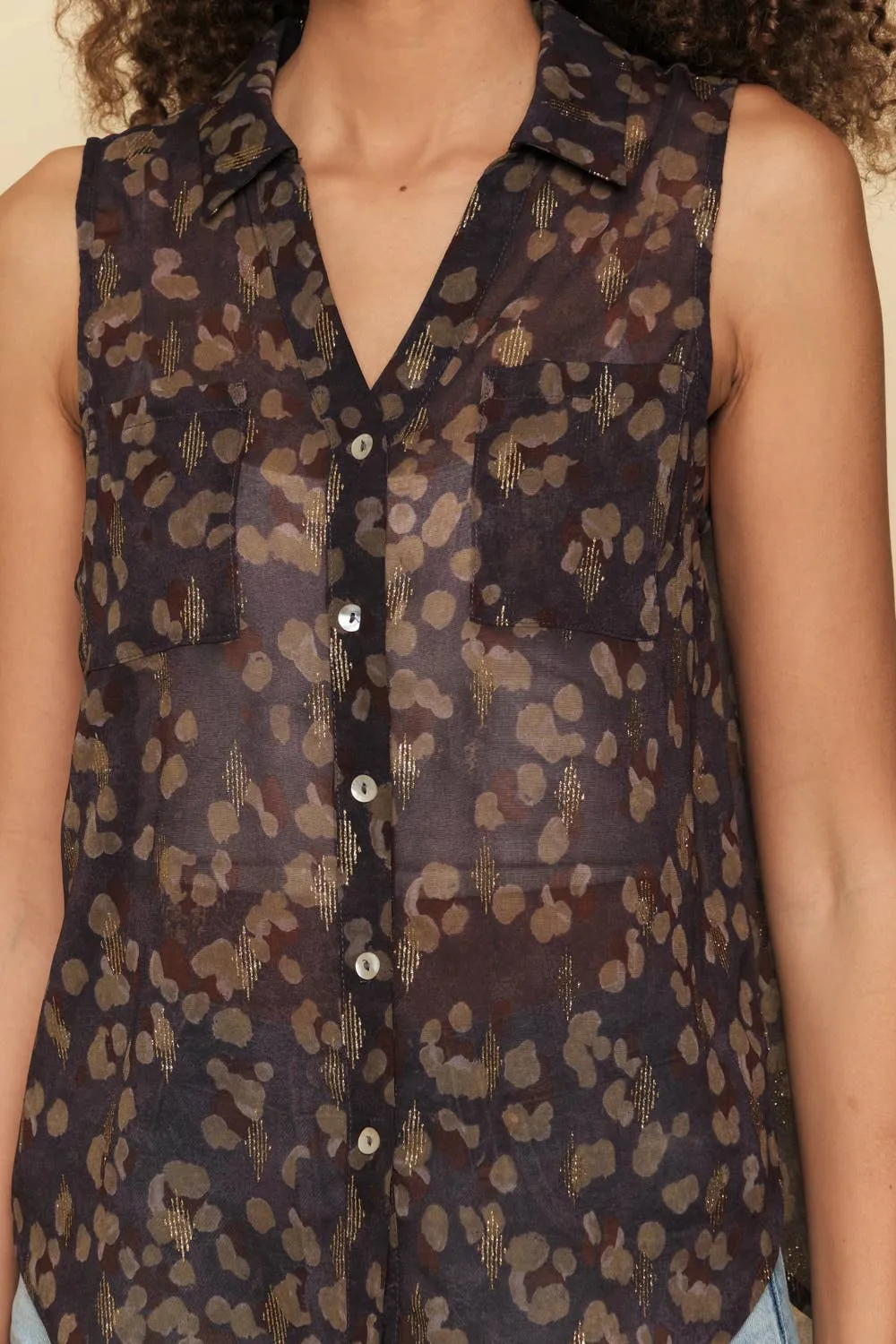 Deep Purple Abstract Sheer Sleeveless Button Up Top