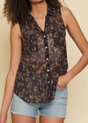 Deep Purple Abstract Sheer Sleeveless Button Up Top