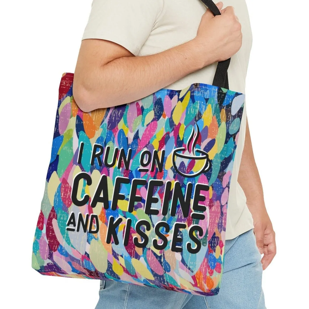 I Run on Caffeine and Kisses on Vibrant Abstract Background Large Tote Bag - Chic Coffee Lover's Accessory