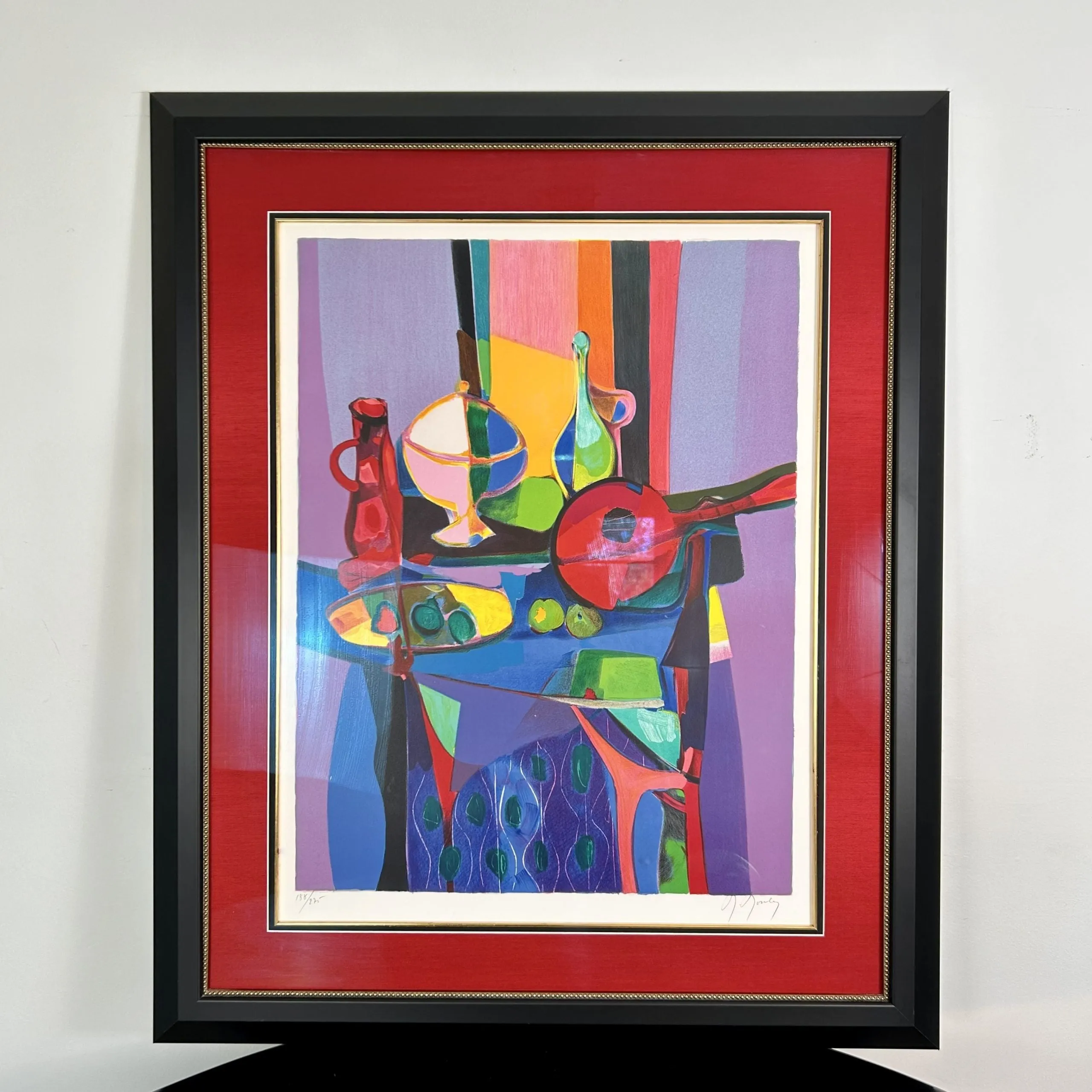 Marcel Mouly Lithograph, Abstract Still Life, Matted and Framed in Red, Black and Gold