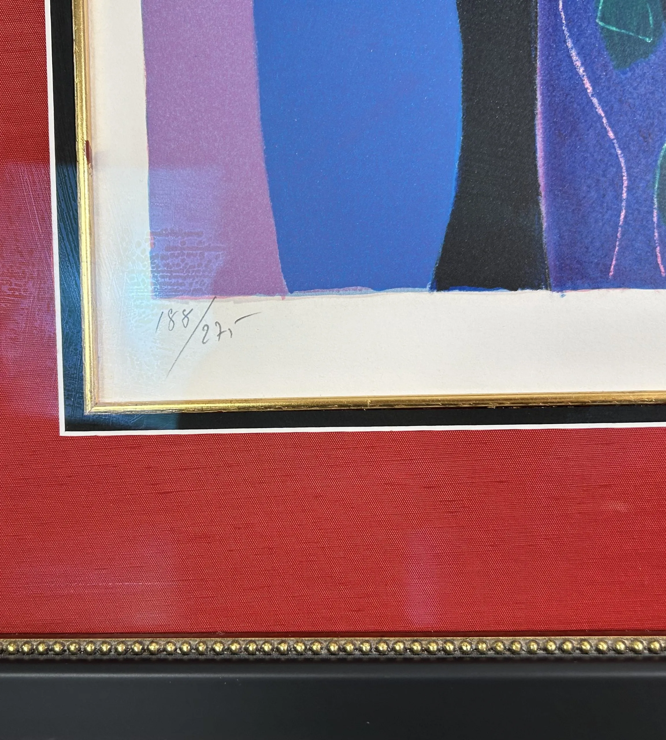 Marcel Mouly Lithograph, Abstract Still Life, Matted and Framed in Red, Black and Gold