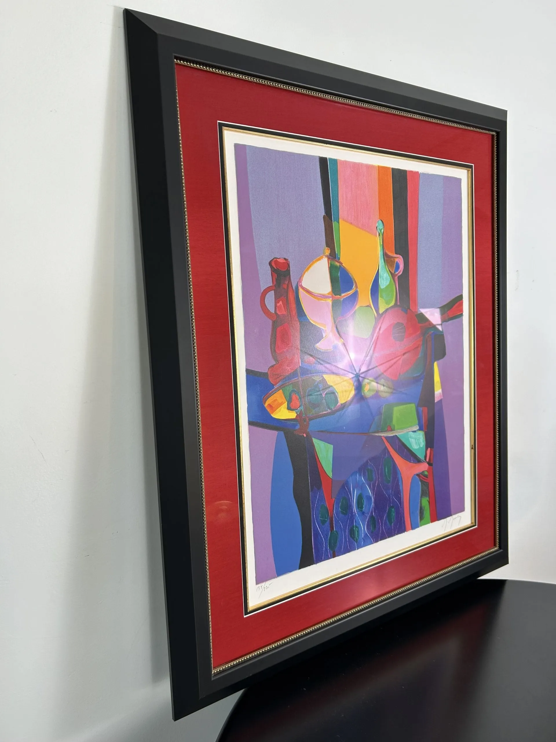 Marcel Mouly Lithograph, Abstract Still Life, Matted and Framed in Red, Black and Gold