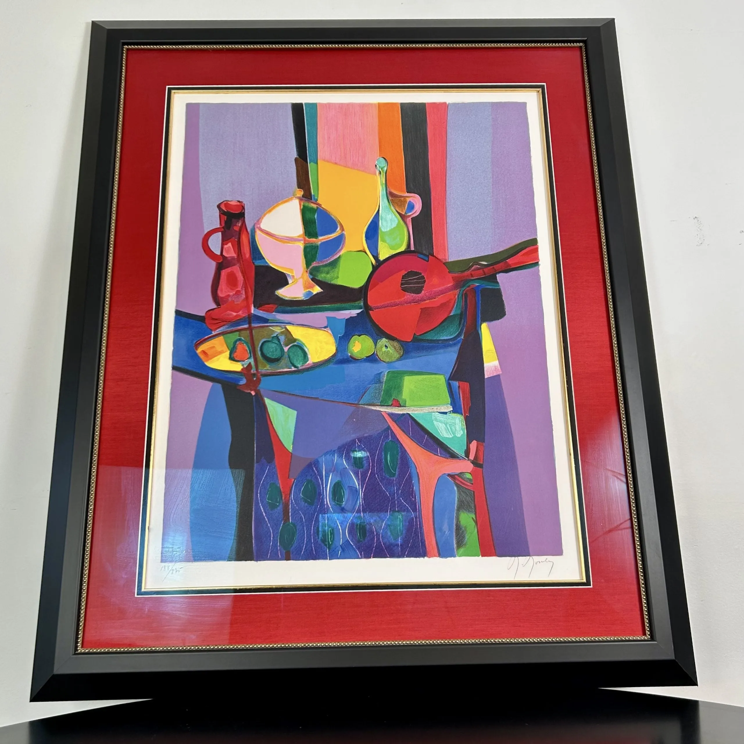 Marcel Mouly Lithograph, Abstract Still Life, Matted and Framed in Red, Black and Gold