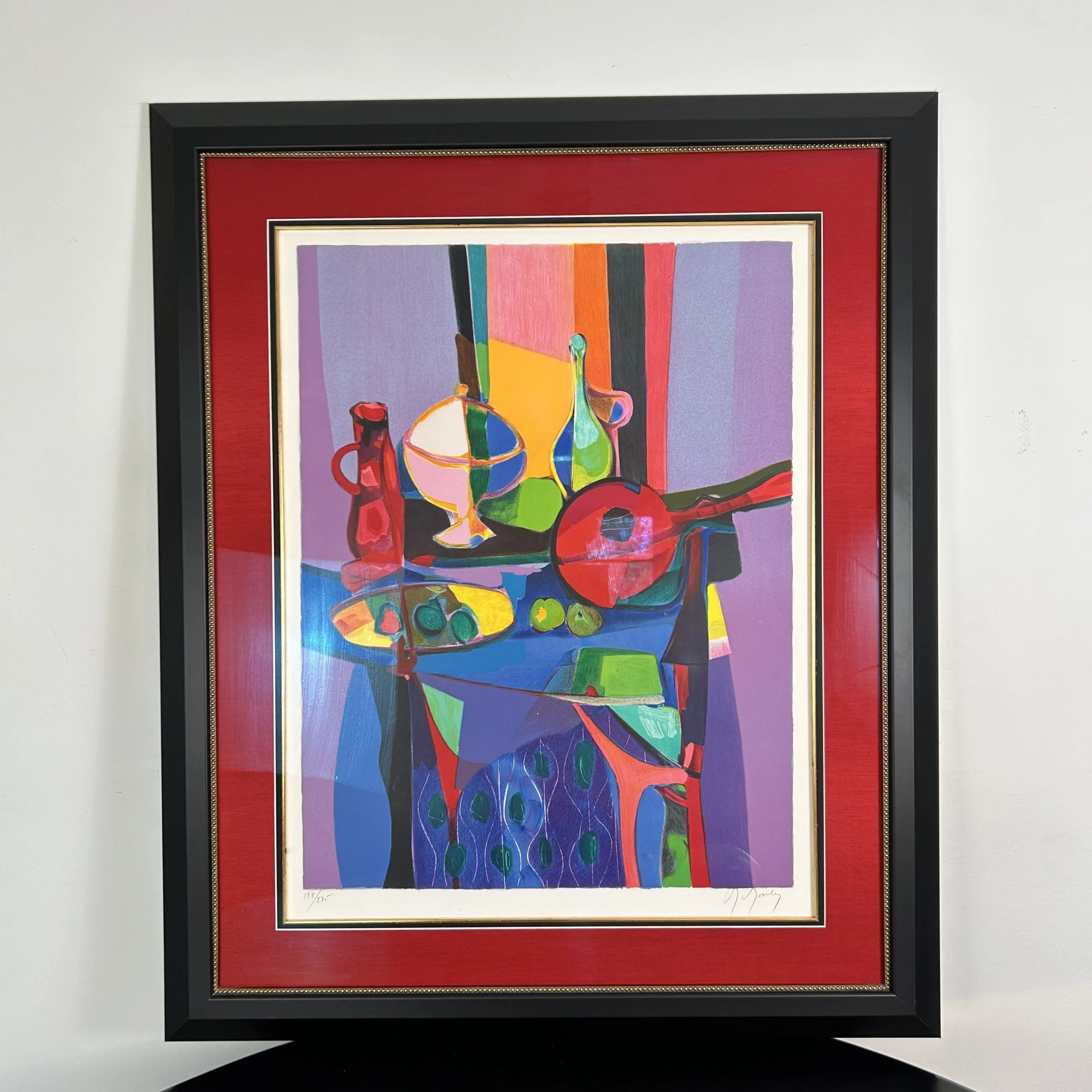 Marcel Mouly Lithograph, Abstract Still Life, Matted and Framed in Red, Black and Gold