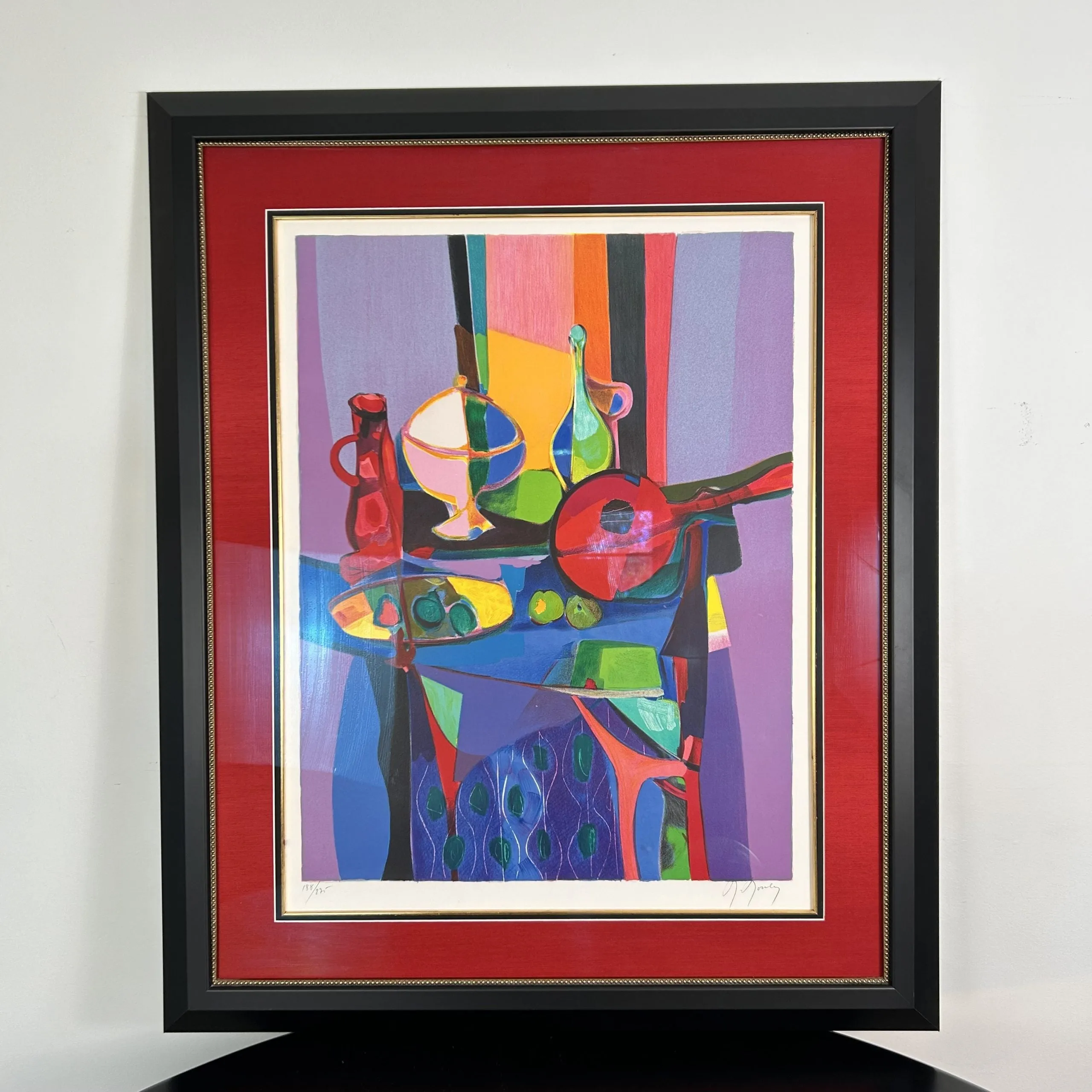 Marcel Mouly Lithograph, Abstract Still Life, Matted and Framed in Red, Black and Gold