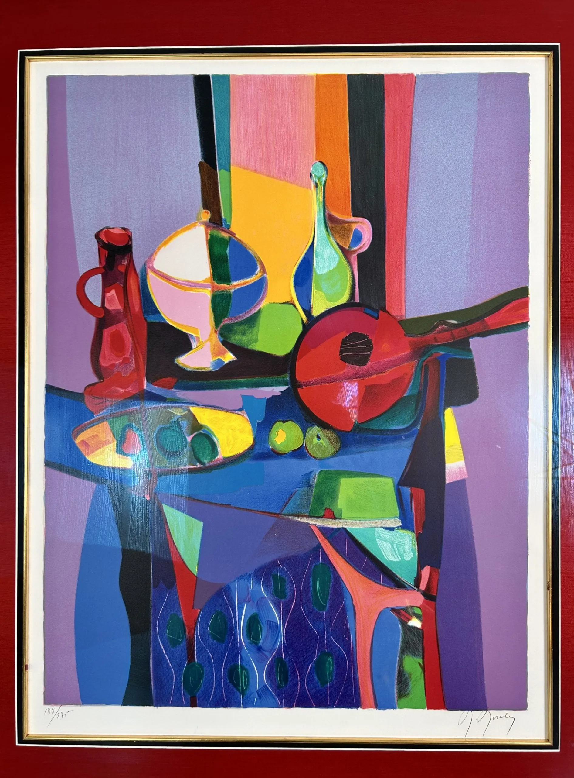 Marcel Mouly Lithograph, Abstract Still Life, Matted and Framed in Red, Black and Gold
