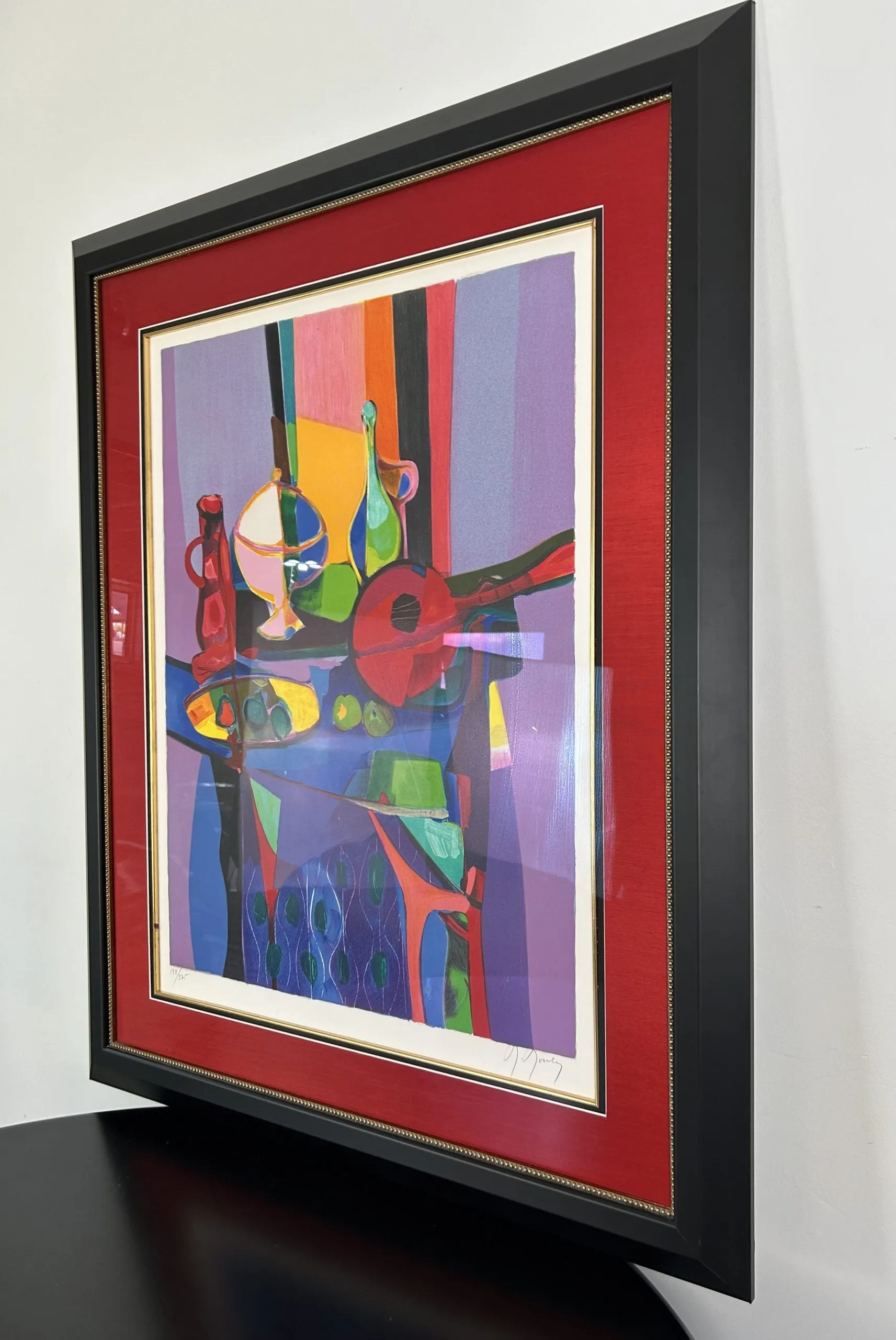 Marcel Mouly Lithograph, Abstract Still Life, Matted and Framed in Red, Black and Gold